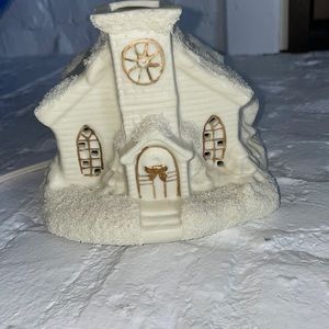 Albert Price, church, lighted, Christmas village